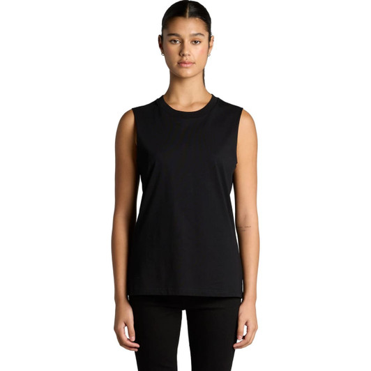 A black sleeveless tank top is displayed, featuring a simple design and a logo on the label.