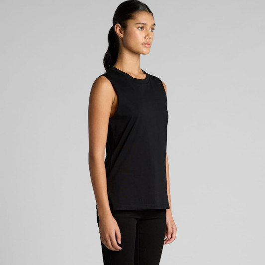 A black singlet tank top displayed on a model, featuring a simple design and clean lines. It has a branding logo.