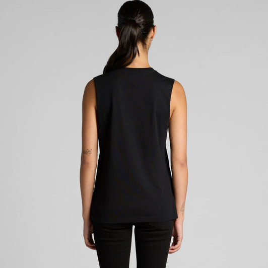 A black sleeveless tank top with a simple design, featuring a logo on the back.