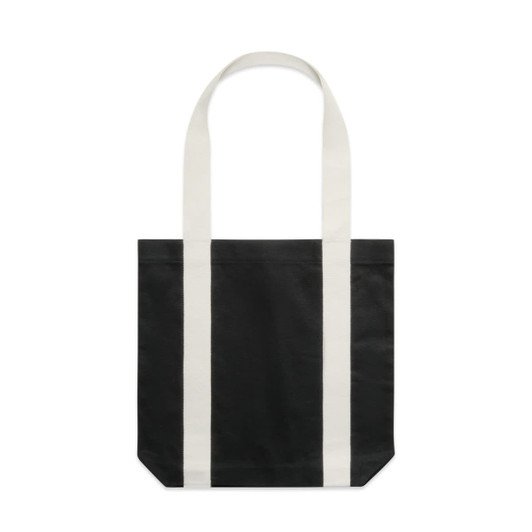 A two-tone tote bag featuring black fabric with cream-coloured stripes and sturdy handles. It includes a logo.