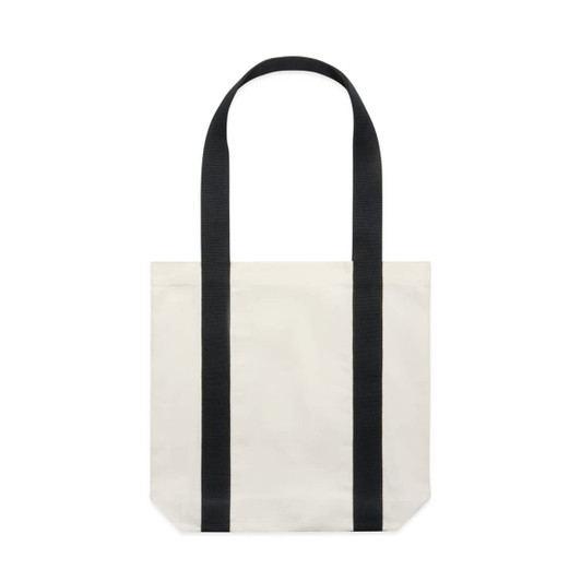 A two-tone tote bag in cream with black straps. It features a logo on the front.