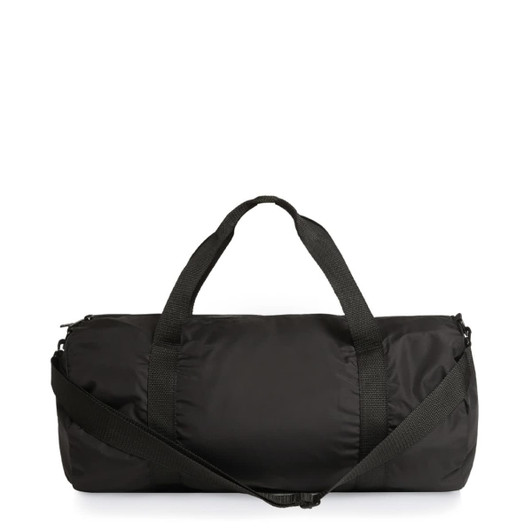 A black recycled light duffel bag with dual handles and a detachable shoulder strap, featuring a logo.