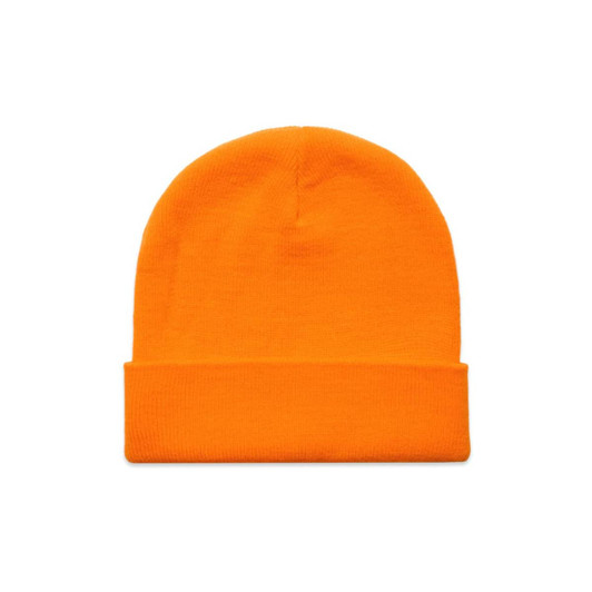 An orange beanie with a rolled cuff and a logo on it.