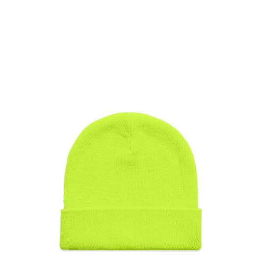 A bright yellow beanie with a folded cuff and a logo on the side.