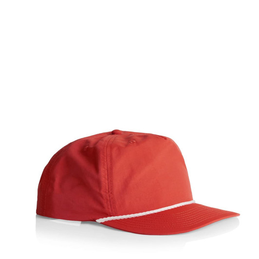 A red cap with a white rope detail along the brim and a logo on the front.