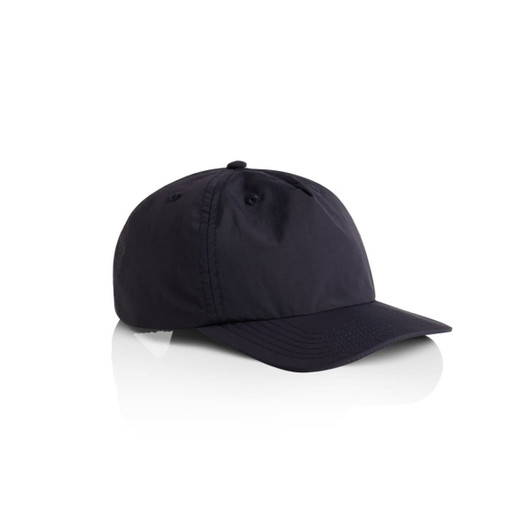 A black cap with a curved brim, featuring a logo on the front and several ventilation holes.