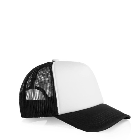 A two-tone trucker cap featuring a white front and black mesh back, with a curved brim and a logo.