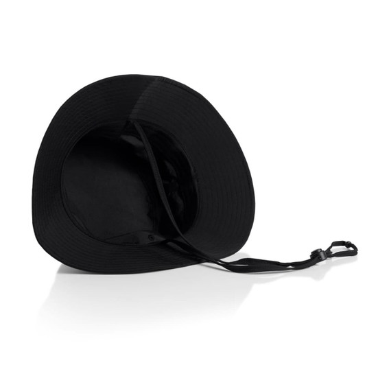 A black nylon wide brim bucket hat with an adjustable strap and a smooth interior.