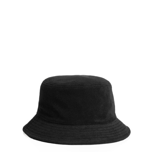 A black Terry Bucket Hat with a soft texture and a wide brim, featuring a branding logo.