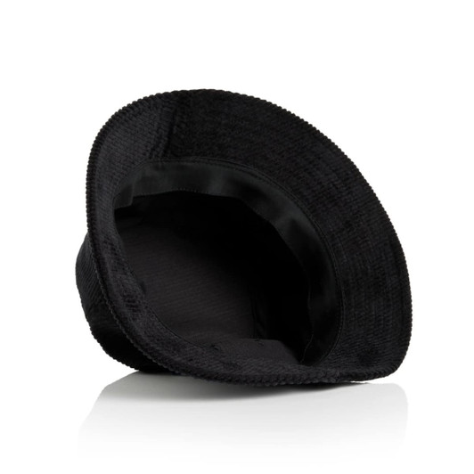 A black bucket hat featuring a textured fabric and a soft inner lining, with a logo on the exterior.