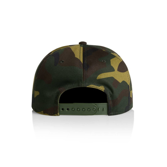 A camo cap featuring a green, brown, and yellow camouflage pattern. It has an adjustable strap at the back and a logo.