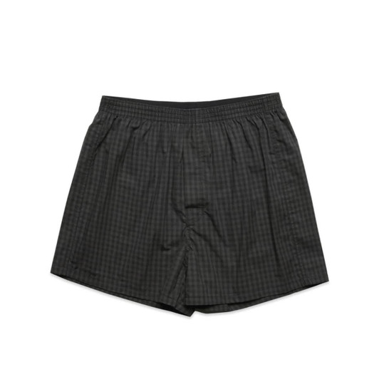 Boxer shorts in a grey check pattern featuring an elastic waistband and side pockets. Includes a logo.