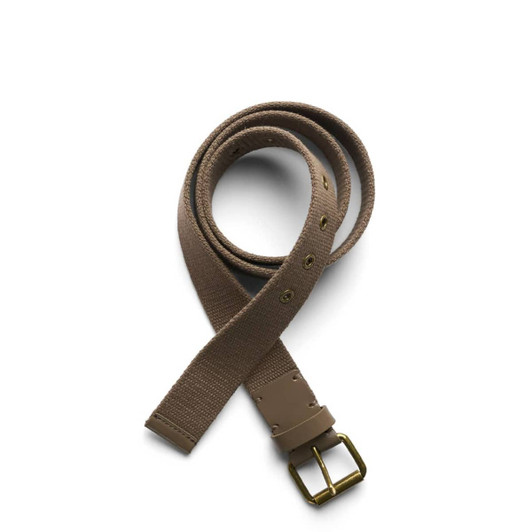 A tan cotton webbing belt with a gold-tone buckle and several adjustment holes. It has a branded tag.
