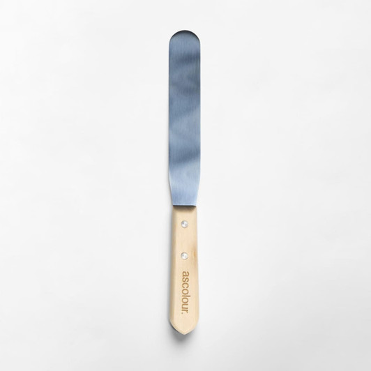 A stainless steel palette knife with a wooden handle, featuring a logo on the handle.