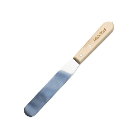 A stainless steel palette knife with a wooden handle and a logo.