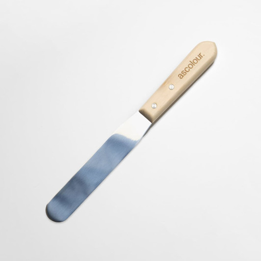 A stainless steel palette knife with a wooden handle featuring a logo. The handle is a light wood colour.
