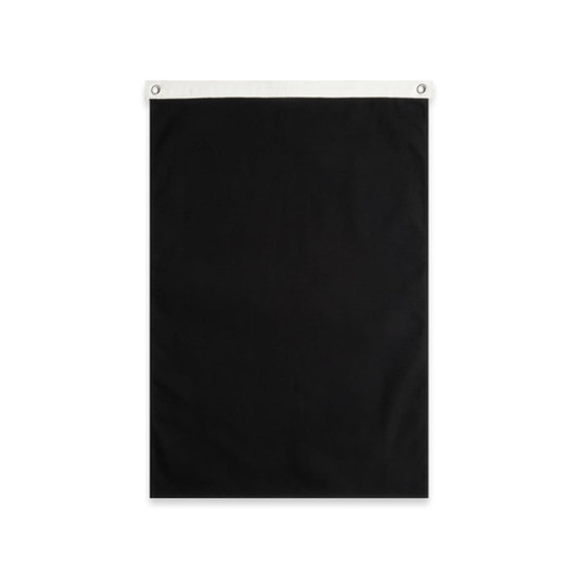 A large black canvas flag with a white header and eyelets for mounting. It features a branding logo.