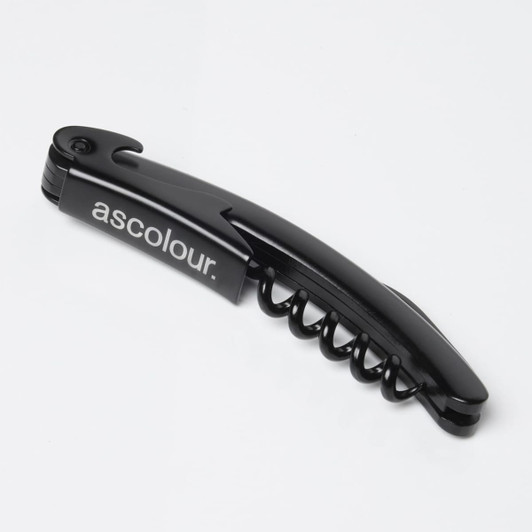 A drink bottle corkscrew in black with a sleek design, featuring a branding logo.