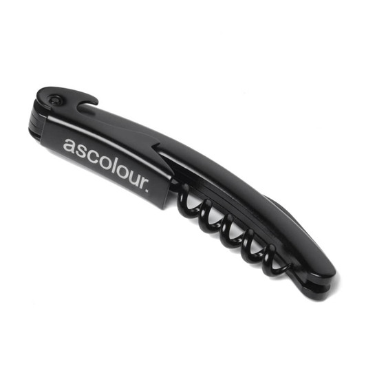 A sleek black corkscrew with a coiled opener and a branded logo. Ideal for bottle opening.