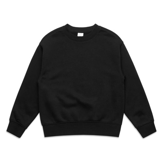 A black jumper featuring a round neckline and long sleeves. It has a logo or branding evident on it.
