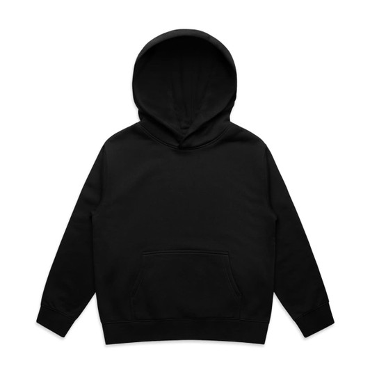 A black hoodie with a front pocket and a large hood, featuring a simple design and no visible logos.