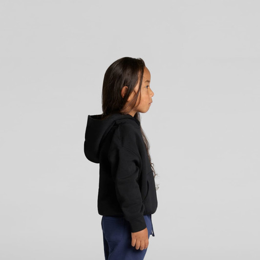 A black hoodie is worn by a child with long hair, shown in profile against a plain background.