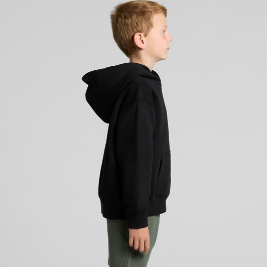 A black youth hoodie featuring a front pocket, displayed on a side profile of a boy.