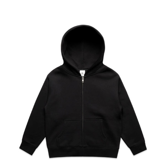 A black zip hoodie for kids featuring a front pocket and a hood, with a branding logo.