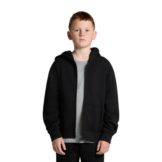 A black zip-up hoodie worn by a young person, featuring a front pocket and a hood. It has a logo on the chest.