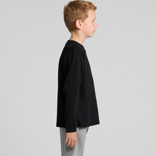 A black long-sleeve t-shirt displayed on a model facing sideways, paired with grey pants. It features a logo.