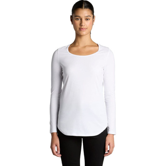 A long-sleeve t-shirt in white, featuring a scoop neckline and a fitted silhouette. It has a logo on the front.