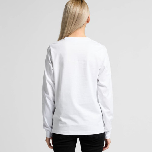 A long-sleeve white T-shirt viewed from the back, featuring a simple design and a branding logo.