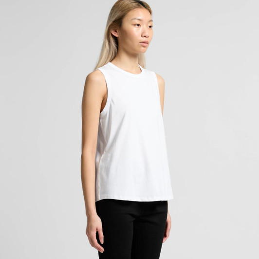 A white sleeveless tank top featured on a model, showcasing a simple design and fitted style. It has a logo.