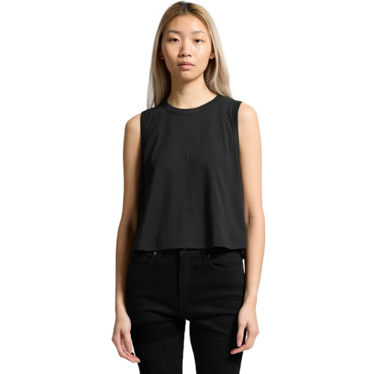 A black crop tank top with a sleeveless design and a relaxed fit, featuring a small logo.