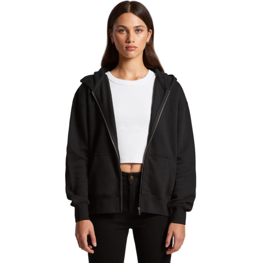 A black zip-up hoodie with a relaxed fit, featuring a hood and a front zipper, worn over a white top.