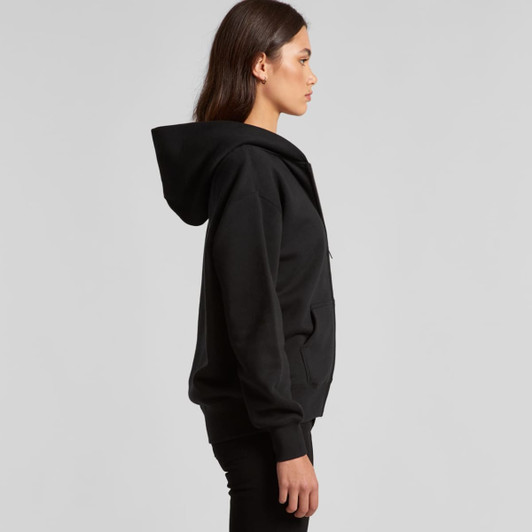 A black zip hoodie with a spacious hood and a front pocket, featuring a logo.