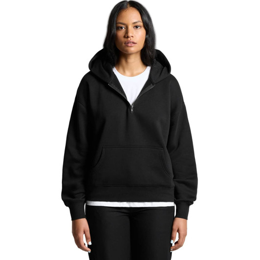 A black half zip hoodie with a front pocket and a hood, featuring a logo on the chest.