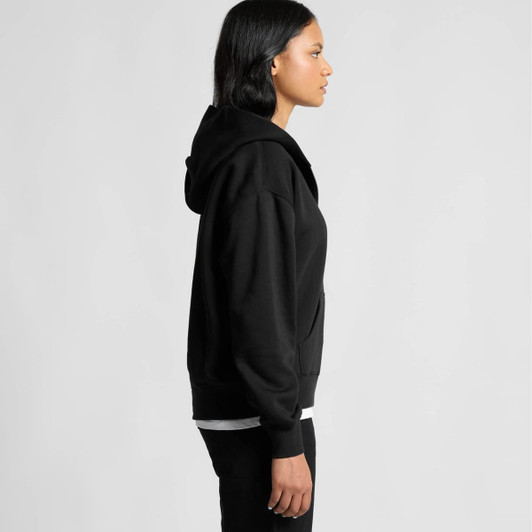 A black hooded jumper featuring a half zip design, with a side view of a model wearing it.