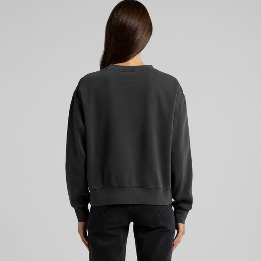 A faded crew jumper in dark grey, featuring long sleeves and a relaxed fit, with a brand logo visible.