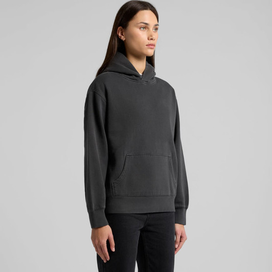 A faded grey hoodie with a kangaroo pocket, featuring a hood and a casual fit. The model is standing in profile.