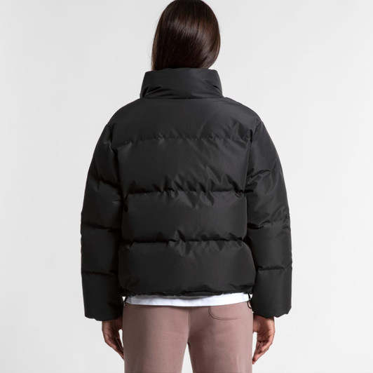 A puffer jacket in black with a high collar and a puffy design, viewed from the back.