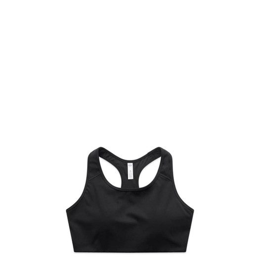 A black sports bra top featuring a sleek design and a logo. Ideal for active wear.