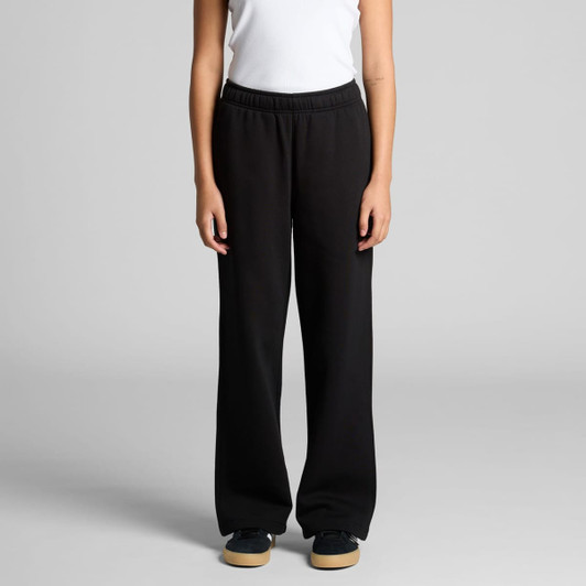 Cuffless track pants in black with a relaxed fit and an elastic waistband, featuring a logo.