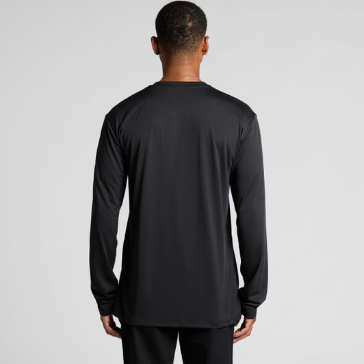 A black long-sleeve T-shirt seen from the back, featuring a logo on the upper part.