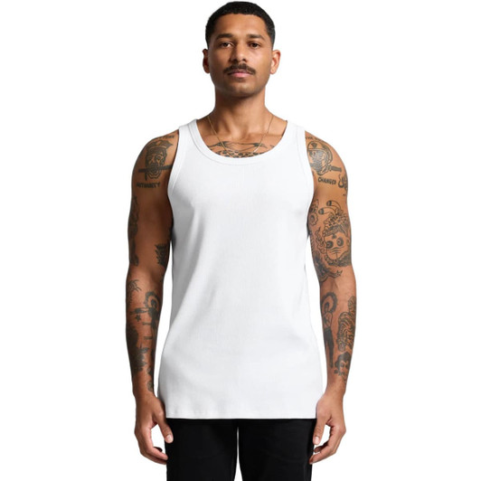 A white organic rib singlet worn by a man with tattoos, featuring a simple design and round neckline.