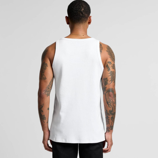 A white organic rib singlet displayed on a model from the back, showcasing tattooed arms and a minimalistic design.