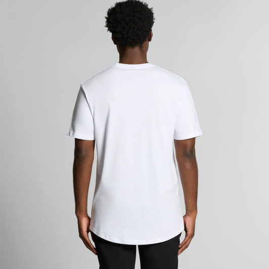 A white T-shirt with a curved hem viewed from the back, featuring short sleeves and a plain design.