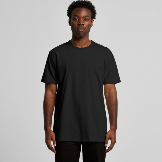 A black recycled T-shirt with short sleeves displayed on a model against a plain background. The shirt has a logo.