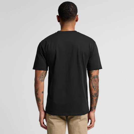 A black t-shirt with short sleeves, featuring a logo on the back. The model is shown from the rear.