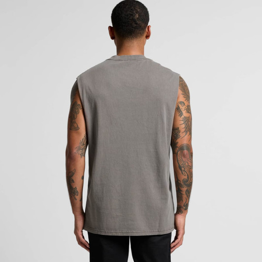 A sleeveless, heavy faded tank top in grey, featuring a logo, seen from the back on a tattooed model.